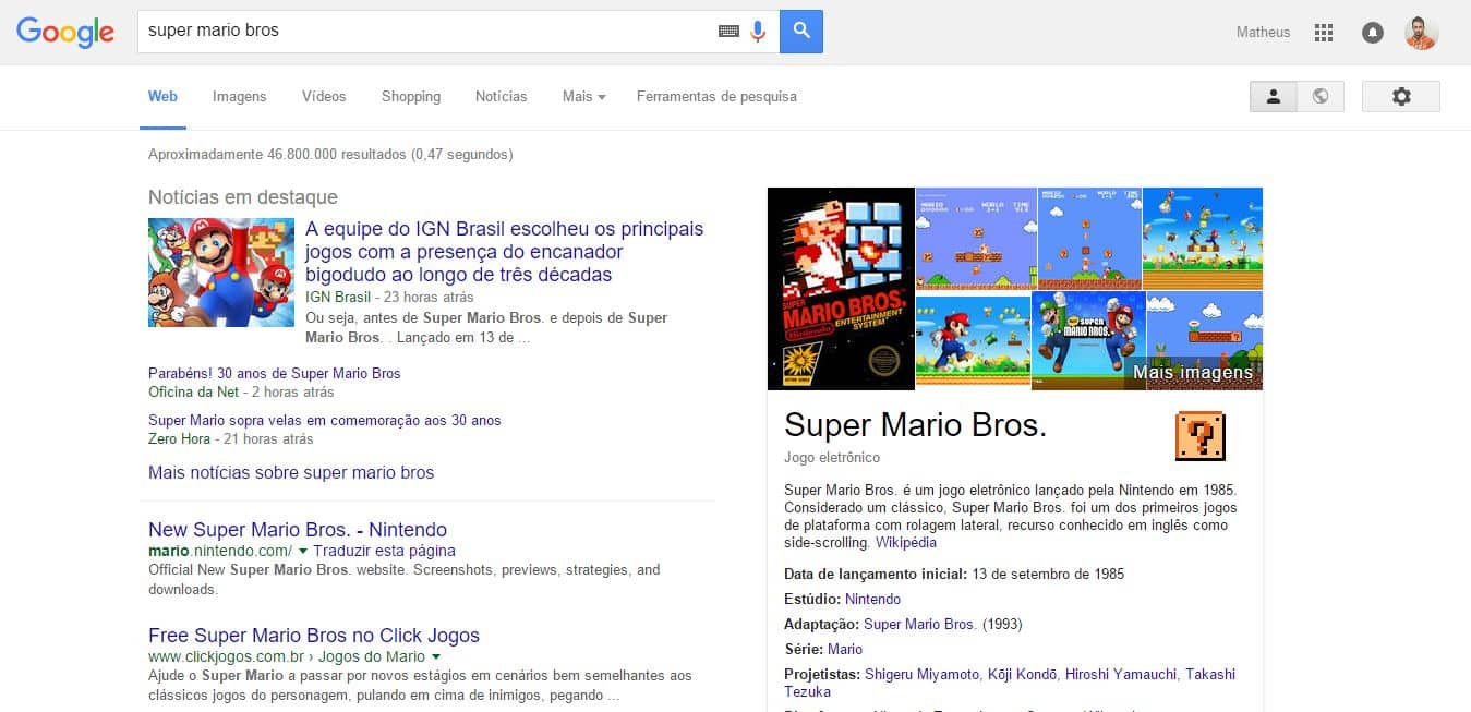 Google comemora 30 anos de Super Mario Bros com Easter Egg nos